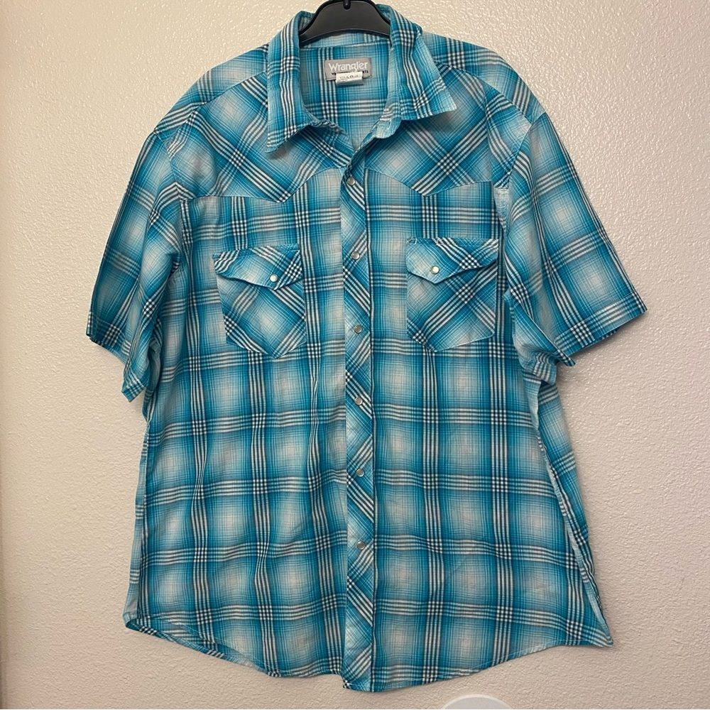 WRANGLER MEN'S wrancher shirt short sleeve blue plaid, pearl snap button up XL